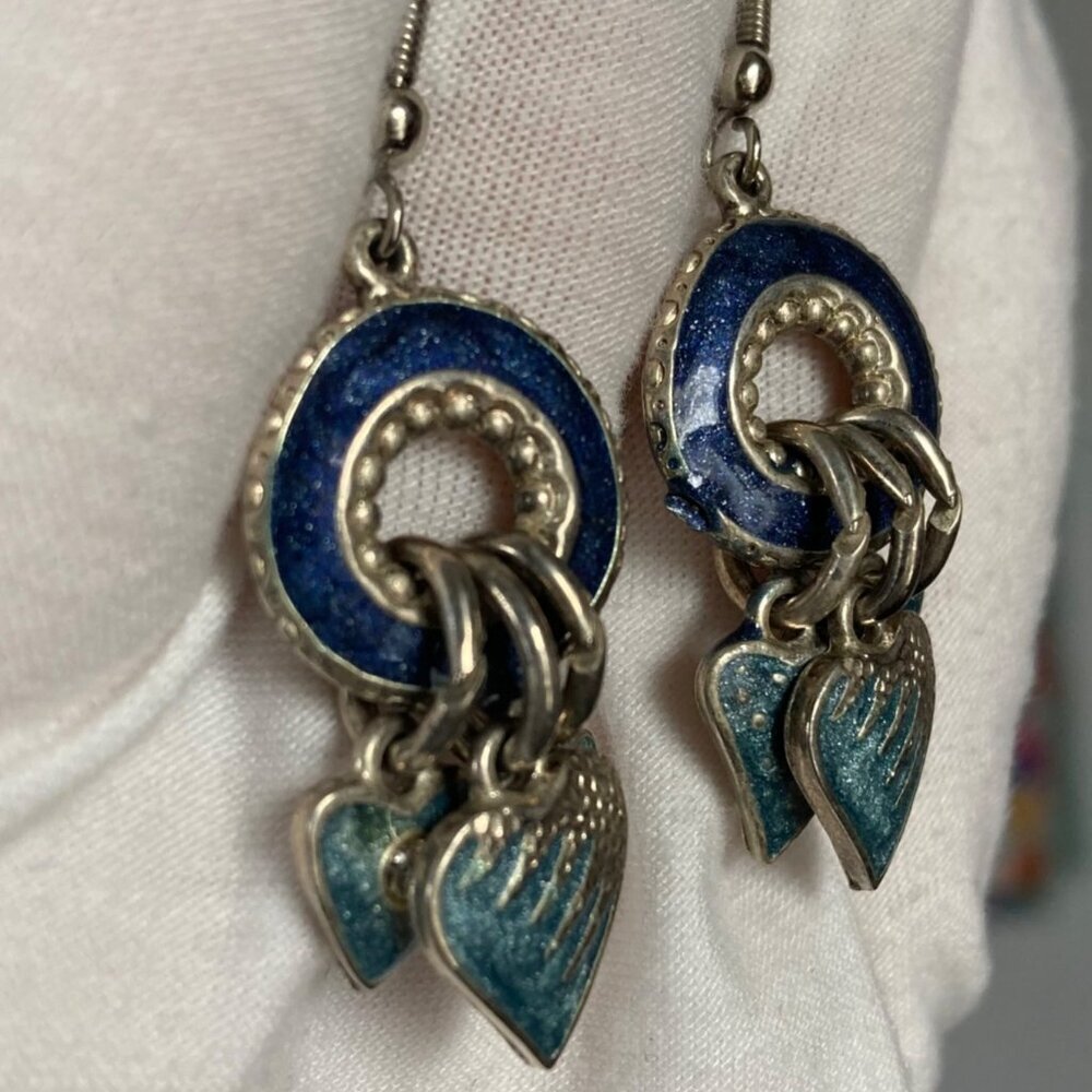 Silver Heart Dangle Earrings Blue Enamel Rhinestone Detail Signed on Back - Picture 2 of 7
